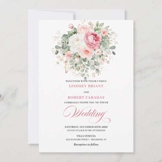 Classic Blush Peonies Greenery Gold Wedding Invite Kaart (Voorkant)