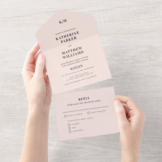 Classic Blush Pink Elegant Wedding All In One Uitnodiging (Afscheurbaar)
