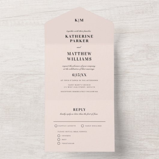 Classic Blush Pink Elegant Wedding All In One Uitnodiging (Binnen)