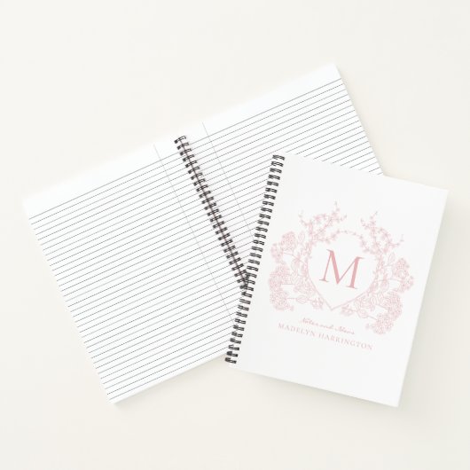 Classic Blush Pink Floral Crest Monogram Journal Notitieboek (Binnen)