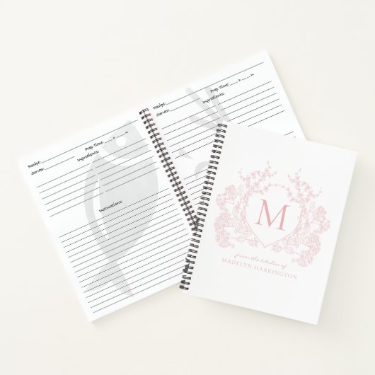 Classic Blush Pink Floral Crest Monogram Recept Notitieboek (Binnen)