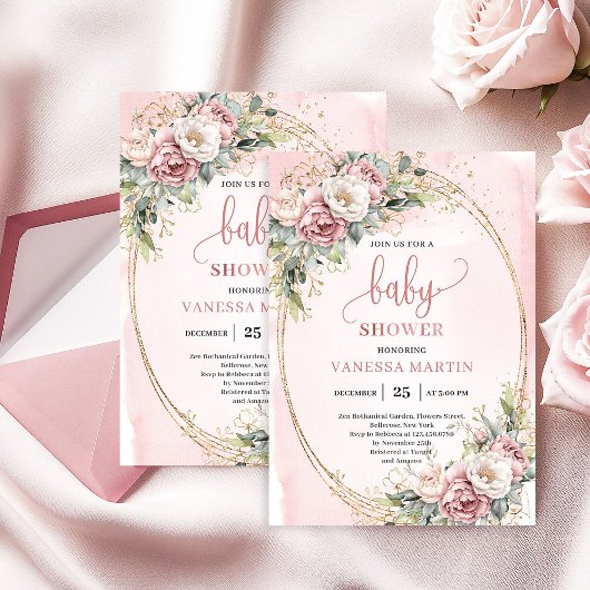 Classic Blush Pink Floral Eucalyptus Baby Shower Kaart