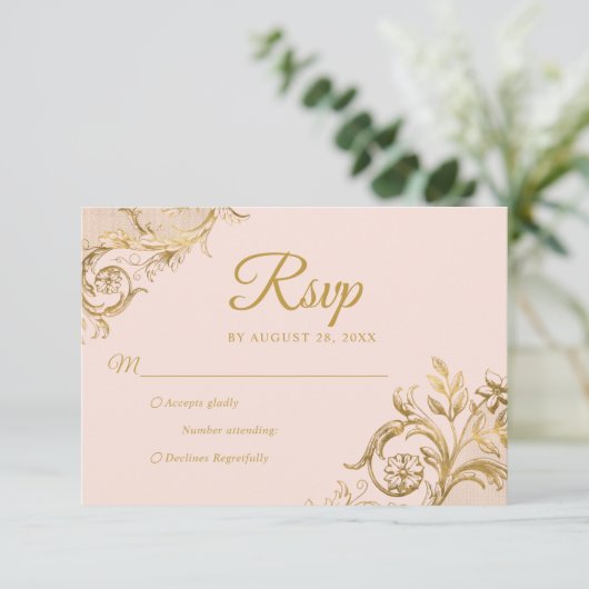 Classic Blush Pink Gold Quinceanera Response Kaart (Staand voorkant)