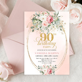 Classic Blush Roses Gold 90th Birthday Invitation Kaart