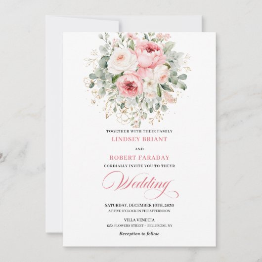 Classic Blush Roses Greenery Gold Wedding Invite Kaart (Voorkant)