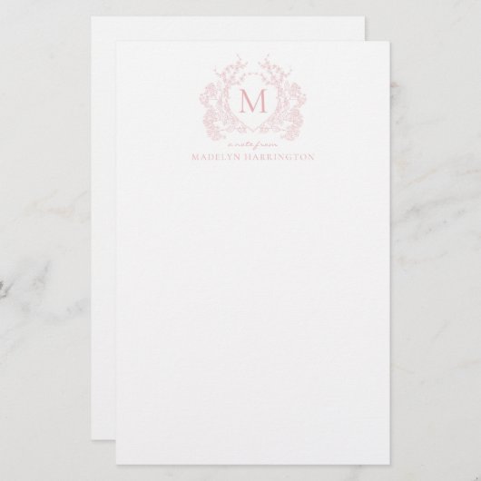 Classic Blush Roze Bloemen  Crest Monogram Briefpapier (Voorkant / Achterkant)