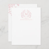 Classic Blush Roze Bloemen  Crest Monogram Notitiekaartje (Voorkant / Achterkant)