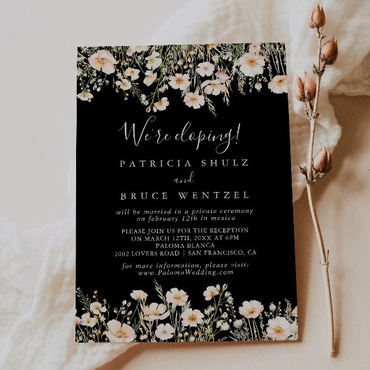 Classic Blush Wildflower Black Elopement Receptie Kaart