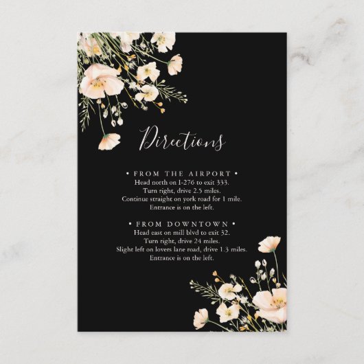 Classic Blush Wildflower Black Wedding Routebeschr Informatiekaartje (Voorkant)