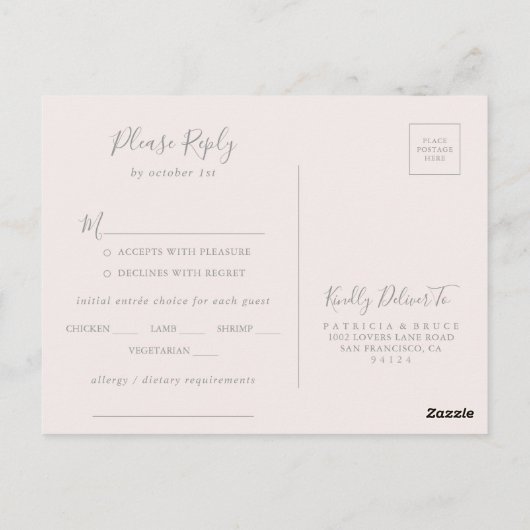 Classic Blush Wildflower Menu Keuze RSVP Briefkaar (Achterkant)