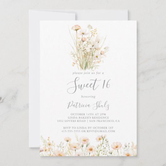 Classic Blush Wildflower Sweet 16 Verjaardagsfeest Kaart (Voorkant)