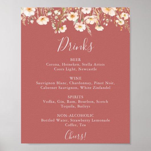 Classic Blush Wildflower Wedding Drinken Menu Sign Poster (Voorkant)
