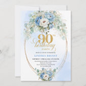Classic Bohemian Blue Flowers 90th Birthday Invite Kaart (Voorkant)