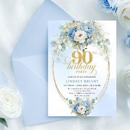 Classic Bohemian Blue Flowers 90th Birthday Invite Kaart