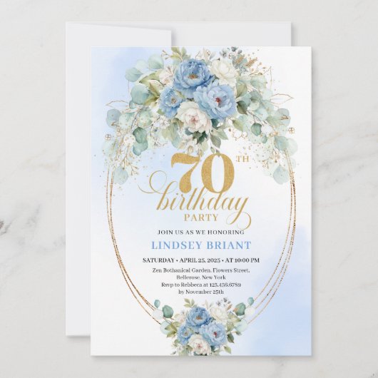 Classic Boho Blue Floral Eucalyptus 70th Birthday  Kaart (Voorkant)