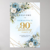 Classic boho blue florals eucalyptus 90th birthday poster (Voorkant)