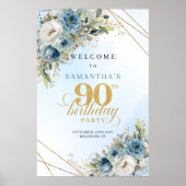 Classic boho blue florals gold frame 90th birthday poster (Voorkant)