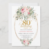 Classic Boho Blush Roses 80th Birthday Invitation  Kaart (Voorkant)