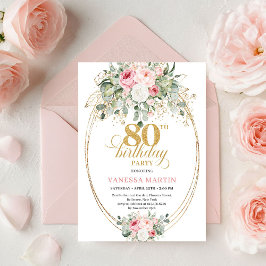 Classic Boho Blush Roses 80th Birthday Invitation  Kaart