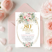 Classic Boho Blush Roses Gold 80th Birthday Invite Kaart