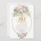 Classic Boho Blush Roses Gold 80th Birthday Invite Kaart (Voorkant)
