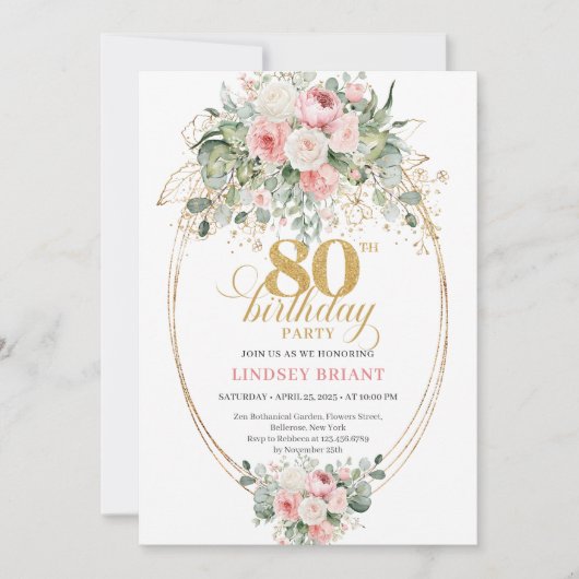 Classic Boho Blush Roses Gold 80th Birthday Invite Kaart (Voorkant)