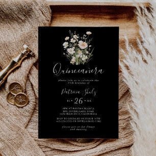 Classic Boho Blush Wildflower Zwart Quinceañera Kaart