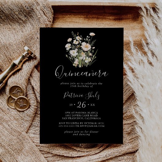 Classic Boho Blush Wildflower Zwart Quinceañera Kaart