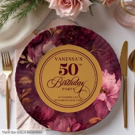 Classic Boho Burgundy Blush Gold 50th Birthday  Papieren Bordje