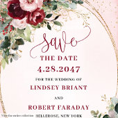 Classic Boho Burgundy Blush Gold Roses Save Date Kaart