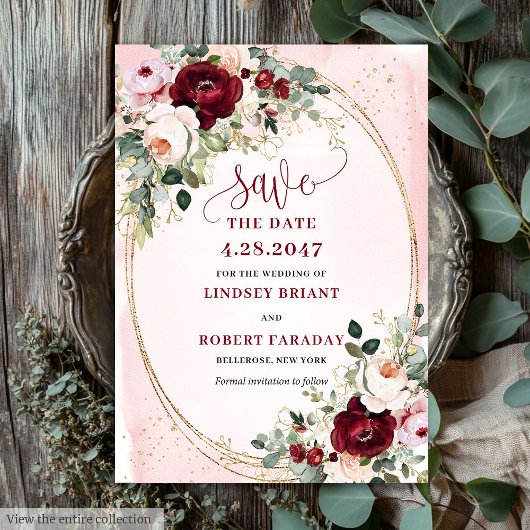 Classic Boho Burgundy Blush Gold Roses Save Date Kaart