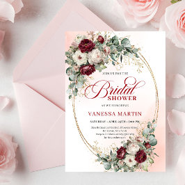 Classic Boho Burgundy Flowers & Gold Bridal Shower Kaart