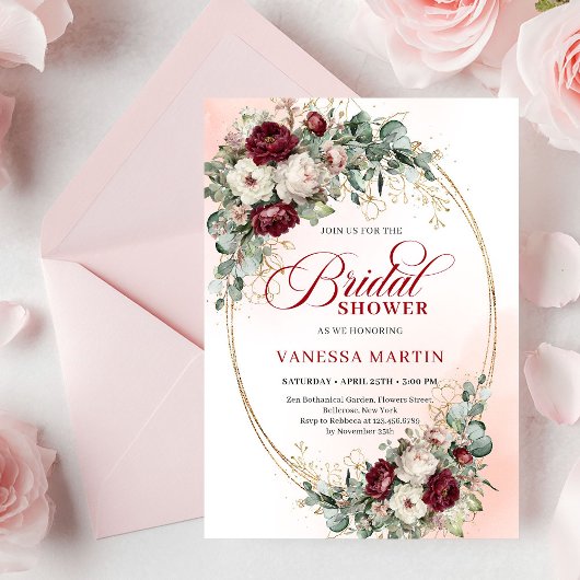 Classic Boho Burgundy Flowers & Gold Bridal Shower Kaart