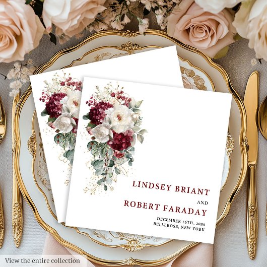 Classic Boho Burgundy Gold Roses Wedding Napkins Servet