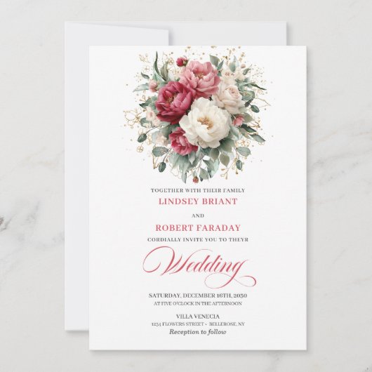 Classic Boho Crimson Red Blush Greenery Invitation Kaart (Voorkant)