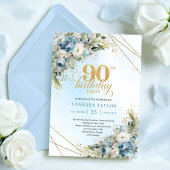Classic Boho Dusty Blue White Floral 90th Birthday Kaart