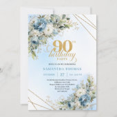 Classic Boho Dusty Blue White Floral 90th Birthday Kaart (Voorkant)