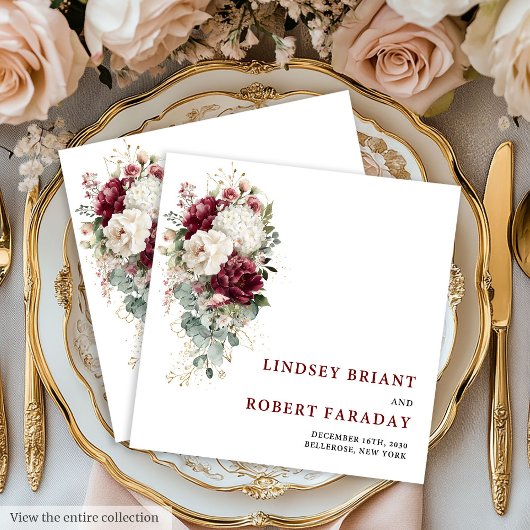 Classic Boho Maroon Blush Gold Roses Wedding Paper Servet