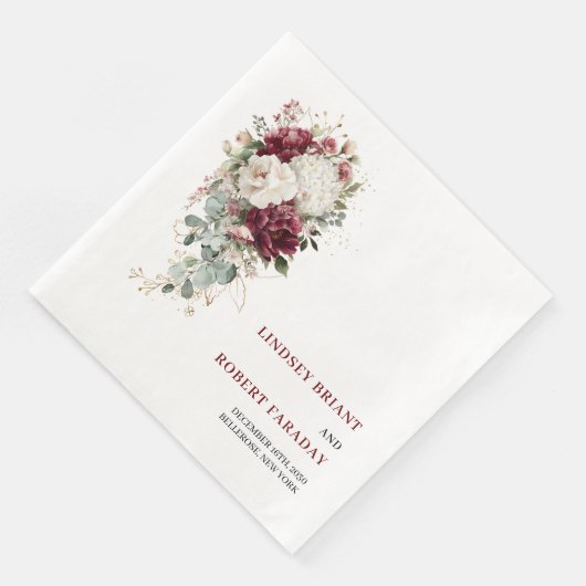Classic Boho Maroon Blush Gold Roses Wedding Paper Servet (Hoek)
