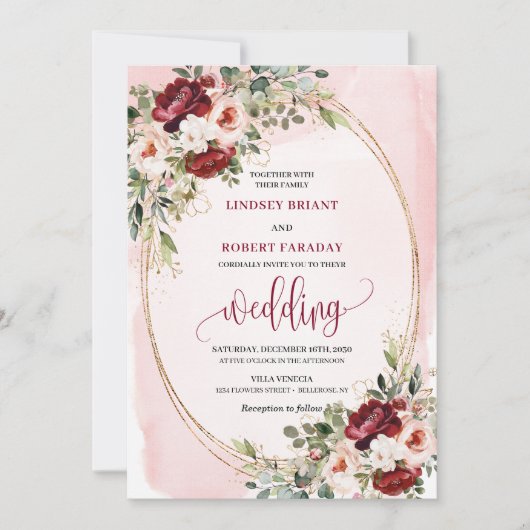Classic Boho Merlot Gold Floral Wedding Invitation Kaart (Voorkant)