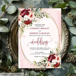 Classic Boho Merlot Gold Floral Wedding Invitation Kaart