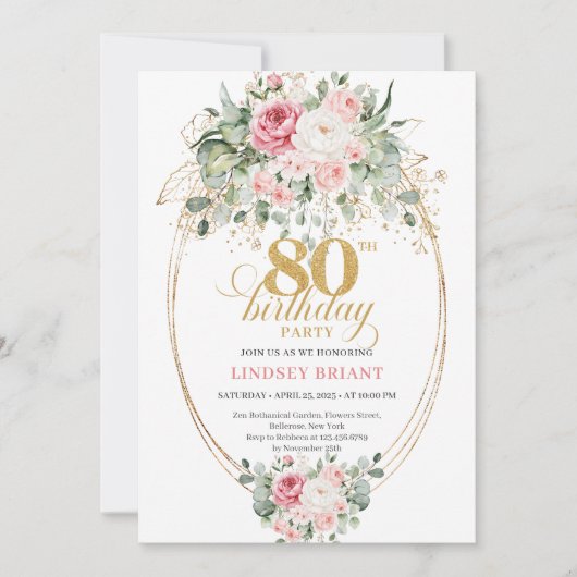 Classic Boho Minimalist Blush Floral 80th Birthday Kaart (Voorkant)