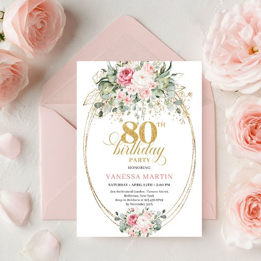 Classic Boho Minimalist Blush Floral 80th Birthday Kaart