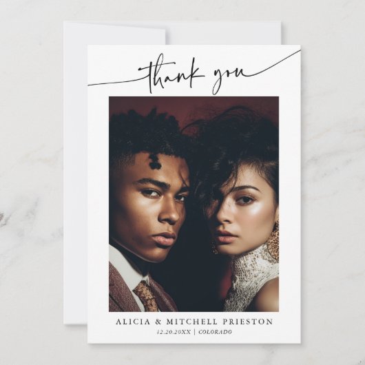 Classic Boho Minimalist Script Wedding Photo Bedankkaart (Voorkant)