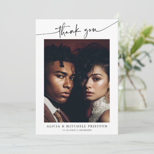 Classic Boho Minimalist Script Wedding Photo Bedankkaart (Staand voorkant)