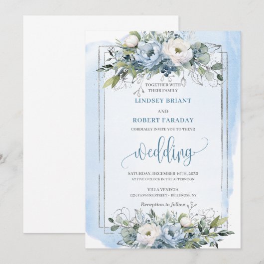 Classic Boho Pastel Blauw Zilveren Rozen bruiloft Kaart (Voorkant / Achterkant)