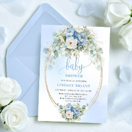 Classic Boho Pastel Blue Flowers Baby Shower Gold Kaart