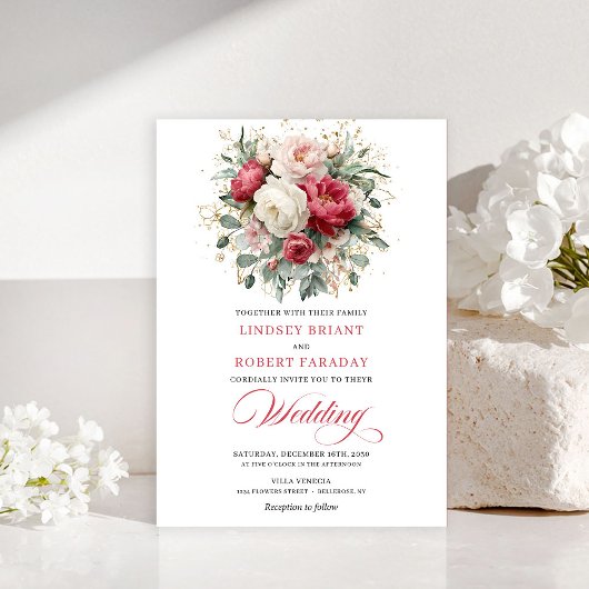 Classic Boho Red Blush Gold Floral Wedding Invite Kaart