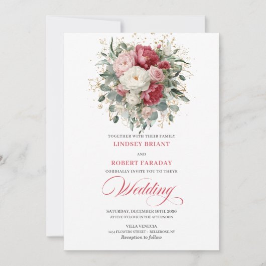 Classic Boho Red White Gold Floral Wedding Invite Kaart (Voorkant)