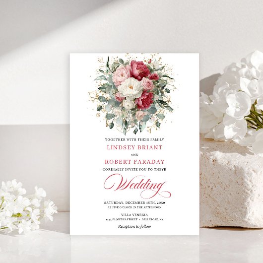 Classic Boho Red White Gold Floral Wedding Invite Kaart